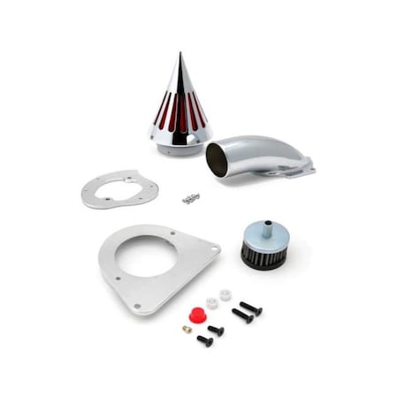 Krator MT225-007 1995 Plus Kawasaki Vulcan 800 Cruiser High Quality Billet Aluminum Cone Spike Air Cleaner Kit; Chrome With Red Filter